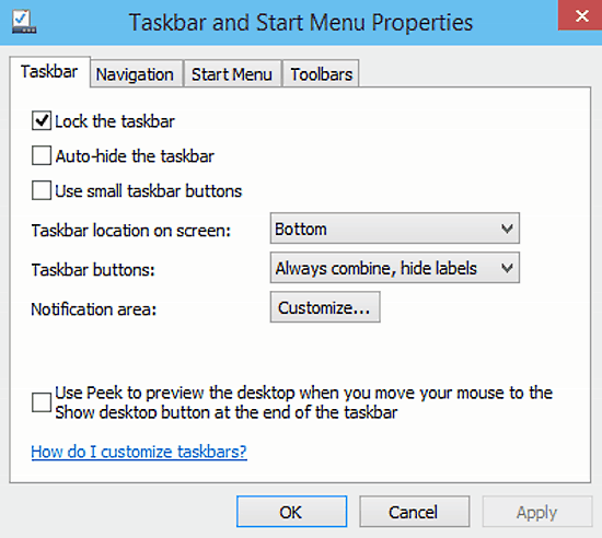 taskbar and start menu properties