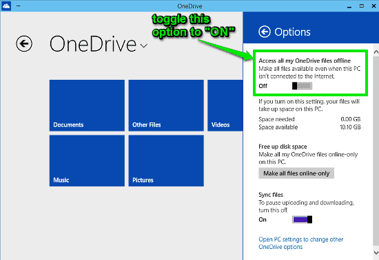 turn onedrive offline access on