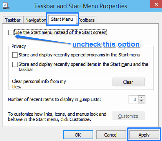 uncheck use start menu instead of start screen