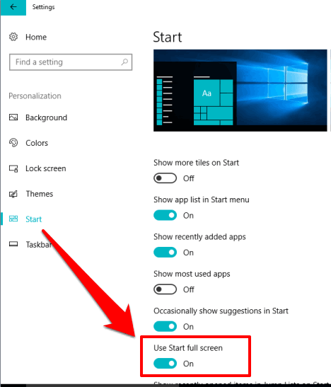use start full screen