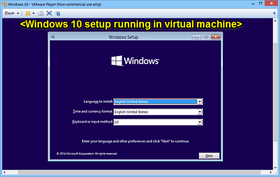 vmware player virtual machine running windows 10 setup