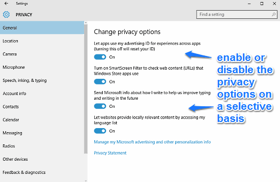 windows 10 change general privacy options
