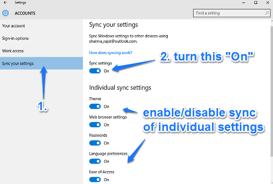 windows 10 sync settings