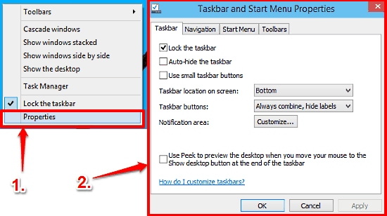 windows 10 taskbar and start menu properties