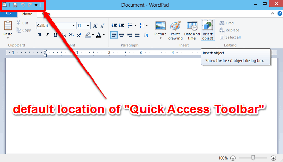 windows 10 wordpad quick access toolbar placement