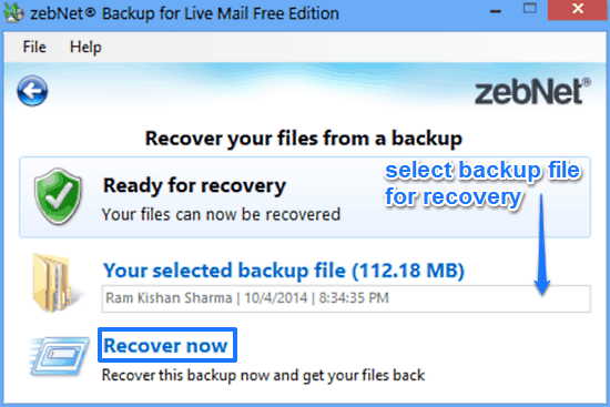 zebnet backup for livemail recovery prompt