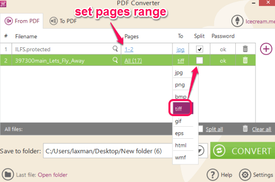 add PDF files, select pages range, and output formats for conversion