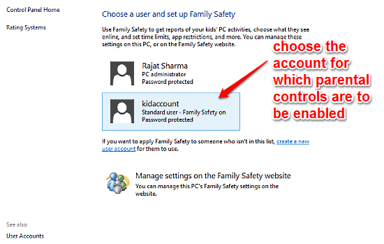 choose account for parental controls