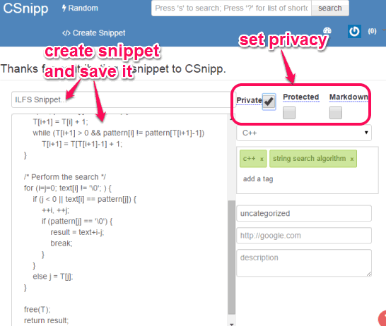 create snippet and set privacy