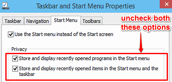 disable storing recently opened items and programs