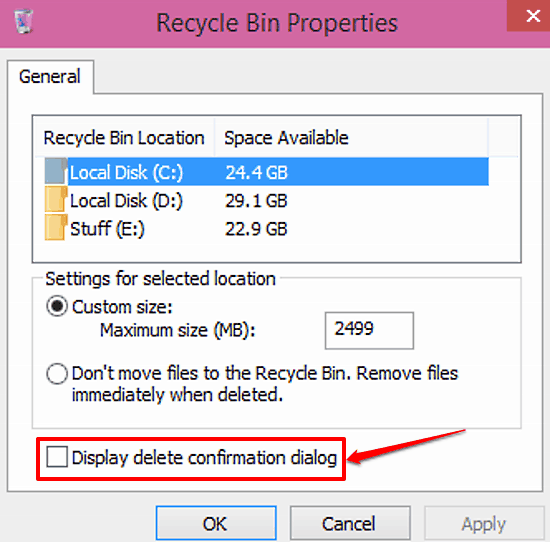 display confirmation before moving to recycle bin
