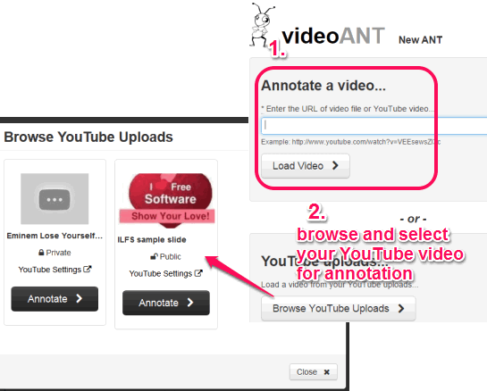 enter YouTube video URL or select your own YouTube video for annotation