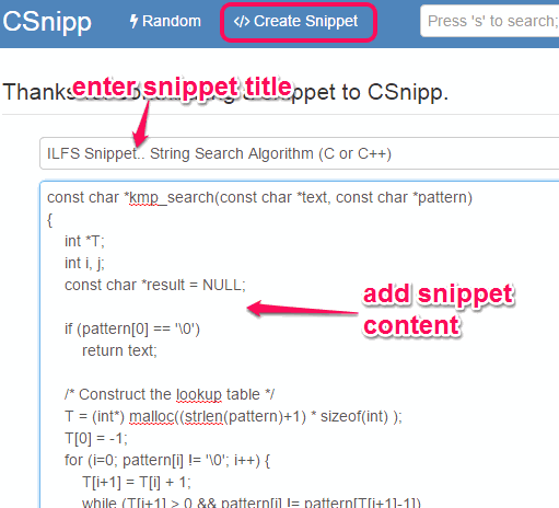 enter snippet title and content
