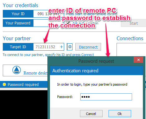 enter target ID and password for connection