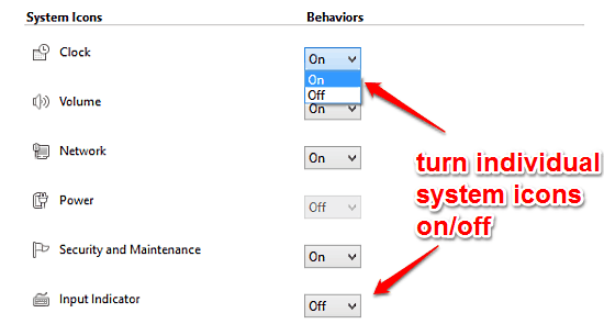 individually turn system icons on or off