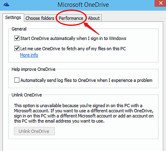 onedrive settings choose performance tab