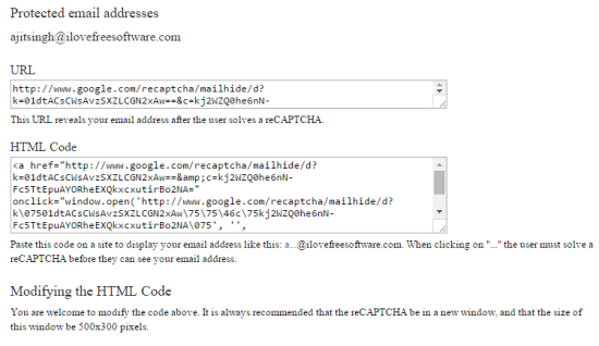 reCAPTCHA Mailhide URL and HTML Code