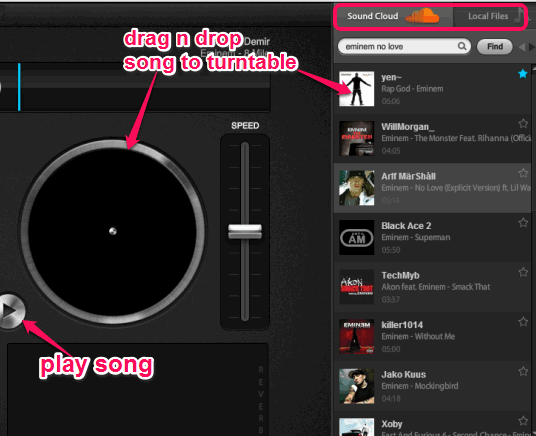 search and add songs to turntables
