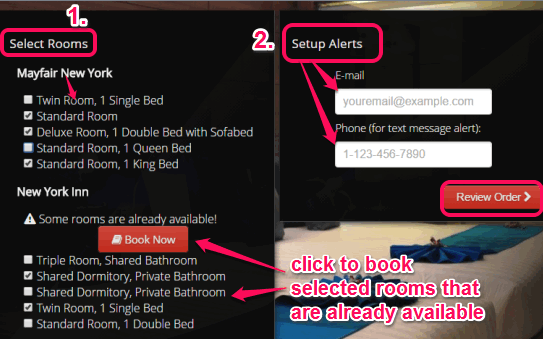 select rooms, submit email address and phone number to get alerts
