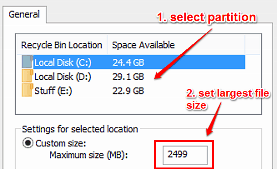 set custom size for largest file