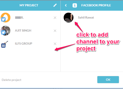 sign in to your social network and add channel to your project