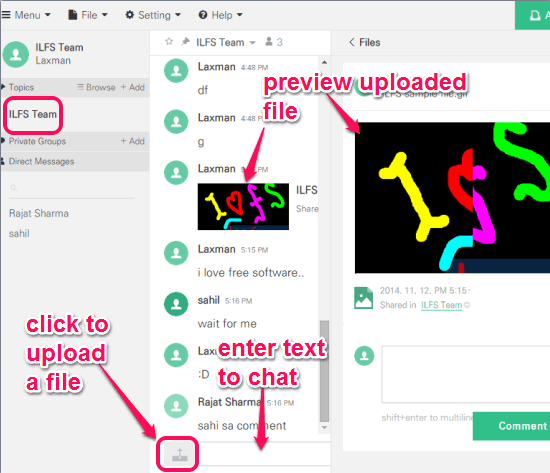 upload and share file, start chat in group, preview uploaded file