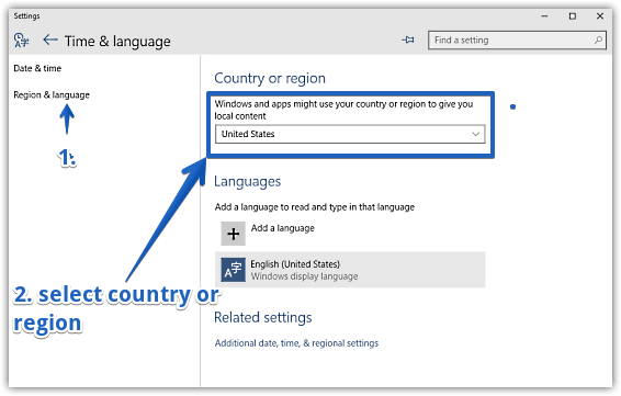 windows 10 change country or region