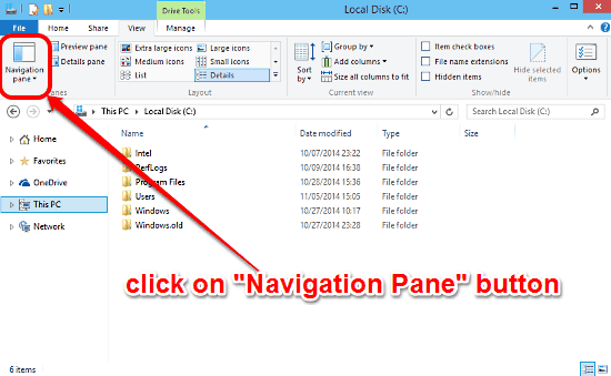 windows 10 click navigation pane