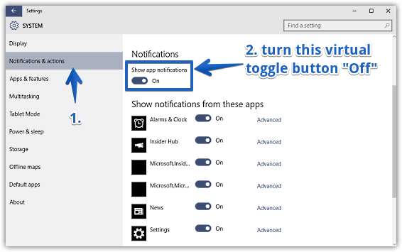 windows 10 disable app notifications