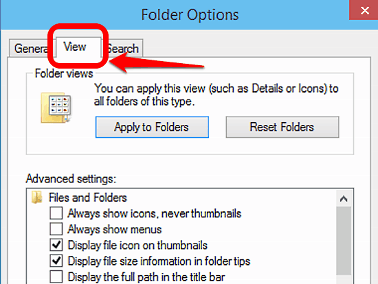 windows 10 folder options view tab
