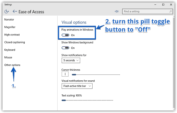 windows 10 turn off window animations