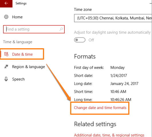 click change date and time formats option