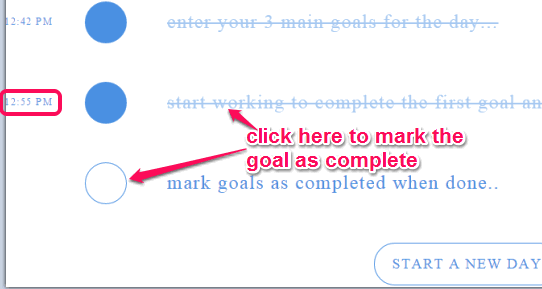 click on the circle to mark the goal as complete