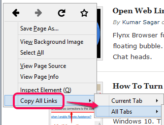 context menu options of Copy All Links add-on