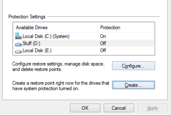 create a system restore point