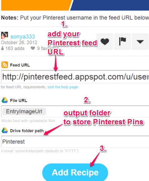 enter Pinterest feed URL and add recipe