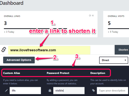 enter a link to shorten it and use advanced options