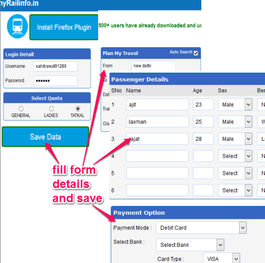 fill tatkal booking form details and save