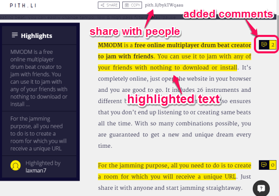 highlight text content of a webpage and share with people