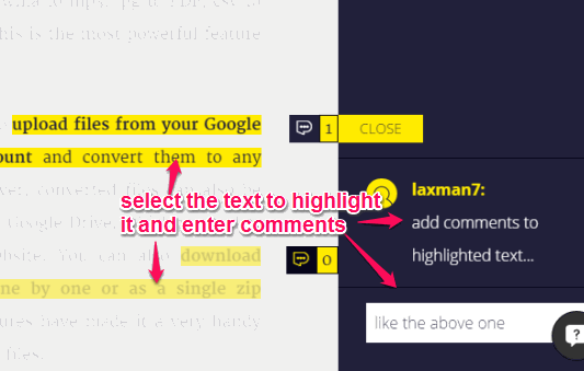 highlight the text and enter comments to highlighted content