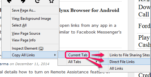 options available in Current Tab option