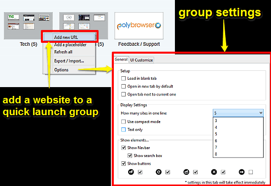 polybrowser tab groups and settings