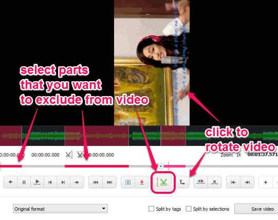 select parts to exclude from video and rotate video