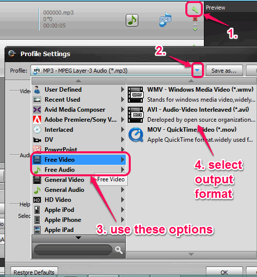 select separate output format for each individual file