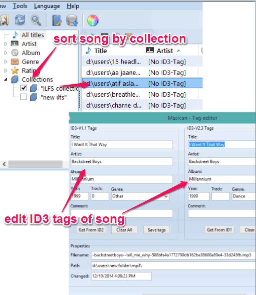 sort songs by collection and edit ID3 tags of a song