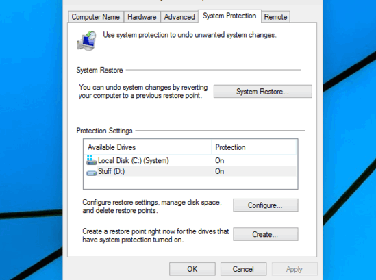 specify disk space to be used for system restore
