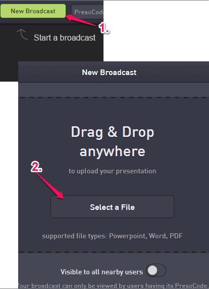 start a new broadcast by uploading your presentation
