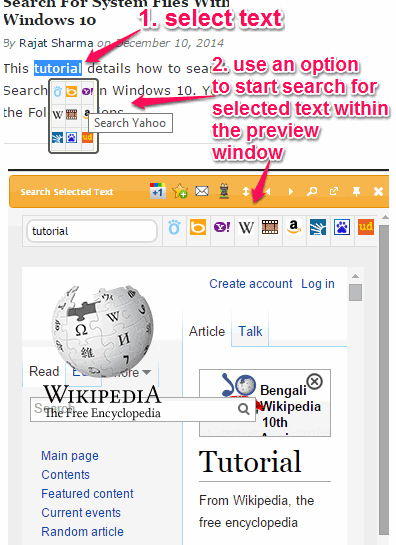 start search for a selected text within the preview window