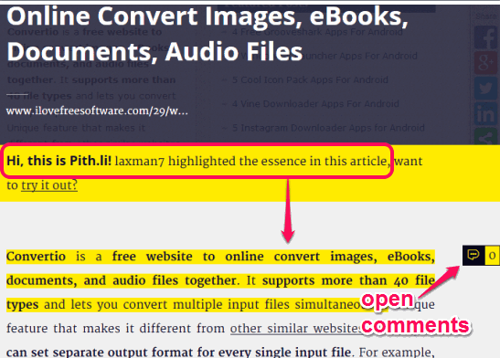 view webpage with highlighted text and read comments