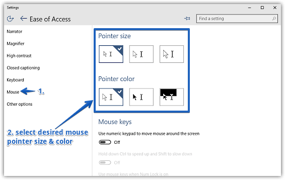 windows 10 change mouse pointer size and color